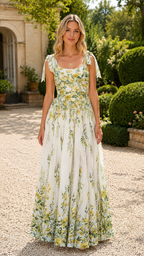 Front view of an ivory floral full-length dress with gathered waist
