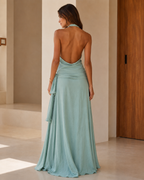 Sage backless halter maxi dress back view with low draped open back