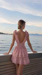 Back view of blush pink open-back tie-shoulder mini dress with tiered skirt