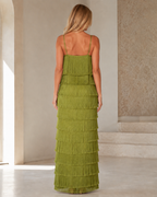 Back view of olive green tiered fringe maxi dress with slim shoulder straps