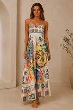Front view of multicolor printed maxi dress with straight neckline