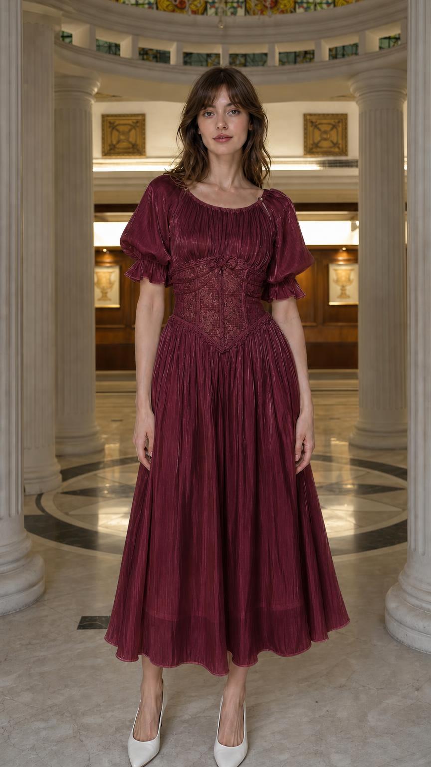 Front view of burgundy corset midi dress