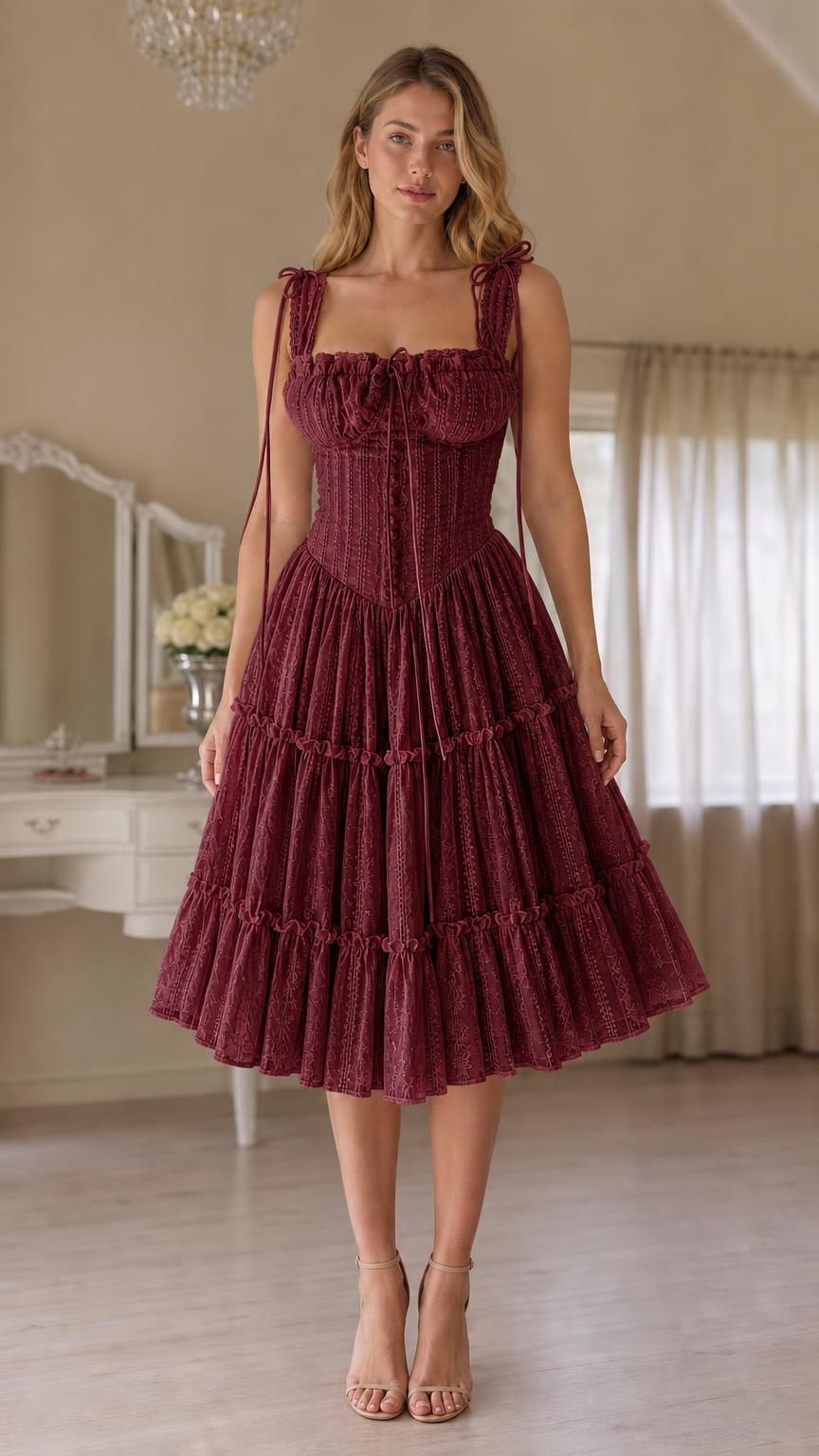 Front view of burgundy corset tiered midi dress