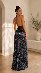 Back view of elegance polka dot halter lace maxi dress