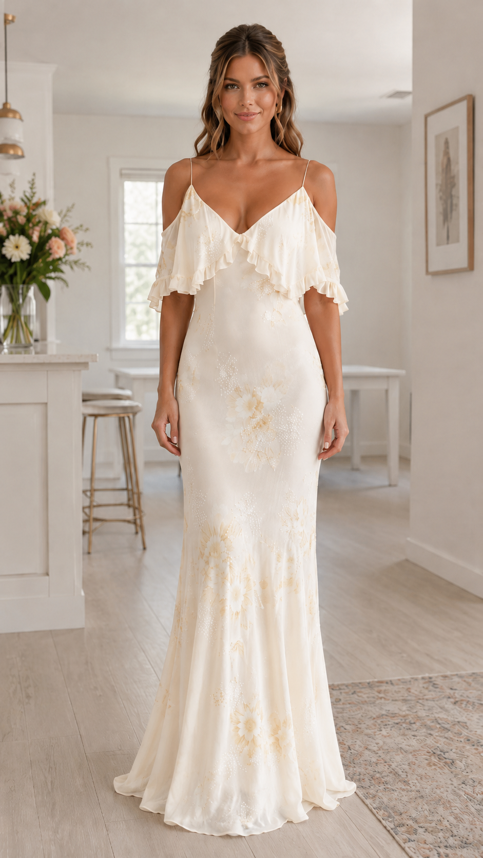 Front view of ivory cold shoulder ruffle floral maxi dress