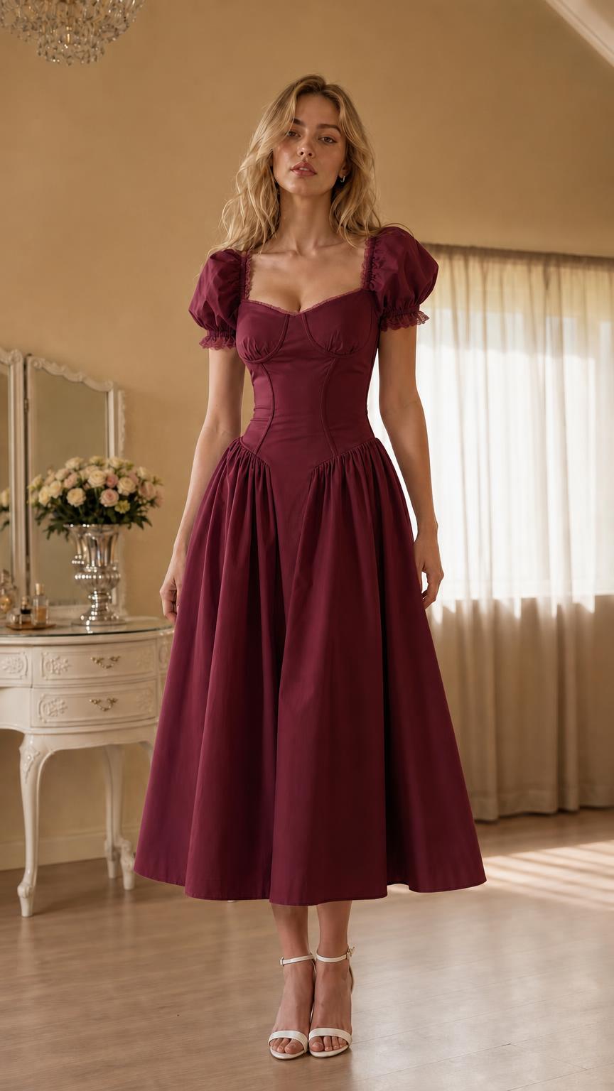 Front view of woman wearing burgundy vintage corset midi dress