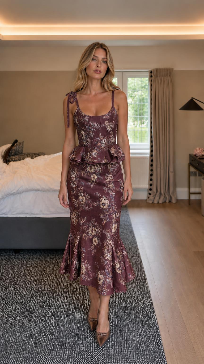 Burgundy floral corset peplum top and mermaid midi skirt set