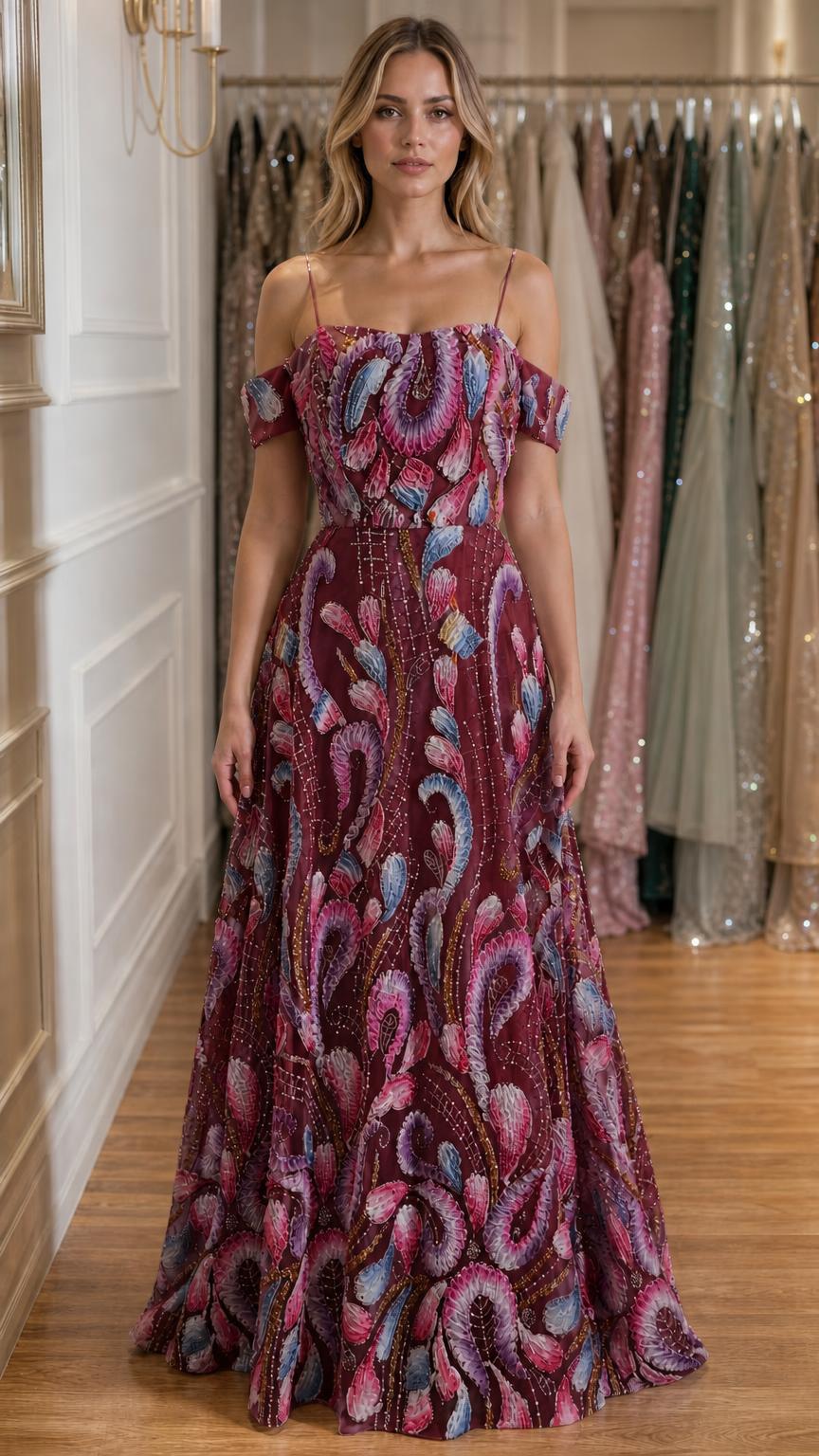 Front view of burgundy embroidered off-shoulder evening gown