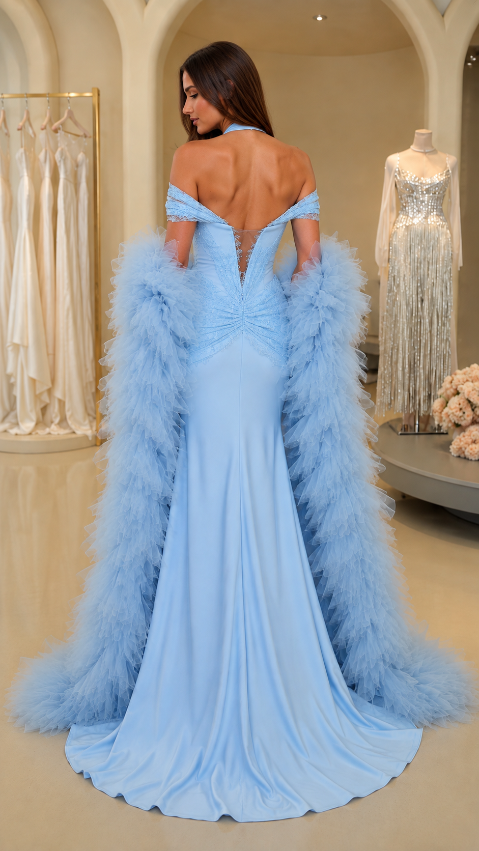 Back view of light blue evening gown showing lace-up strap detail