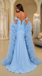Back view of light blue evening gown showing lace-up strap detail