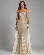 Front angle of champagne beaded evening dress with fitted bodice and flared hem