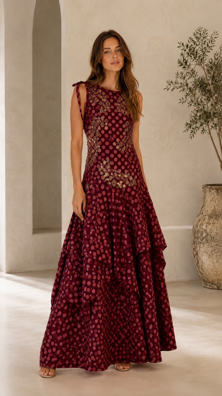 Front view of burgundy embroidered polka dot tiered maxi dress