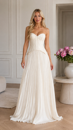 Front view of white strapless corset pleated gown