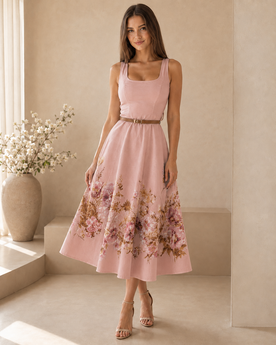 Model wearing a blush pink sleeveless floral midi dress with belted waist