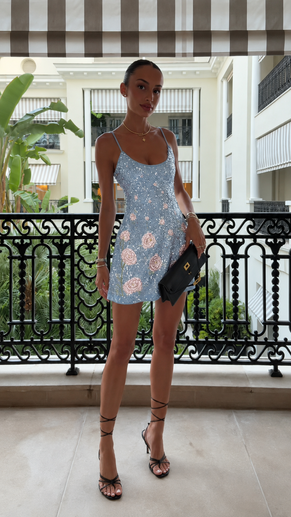 Light blue sequin floral spaghetti strap mini dress front view