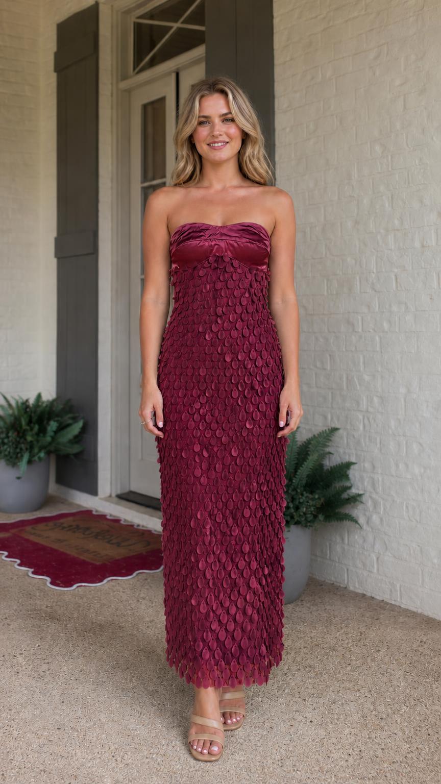 Full length view in burgundy color variant