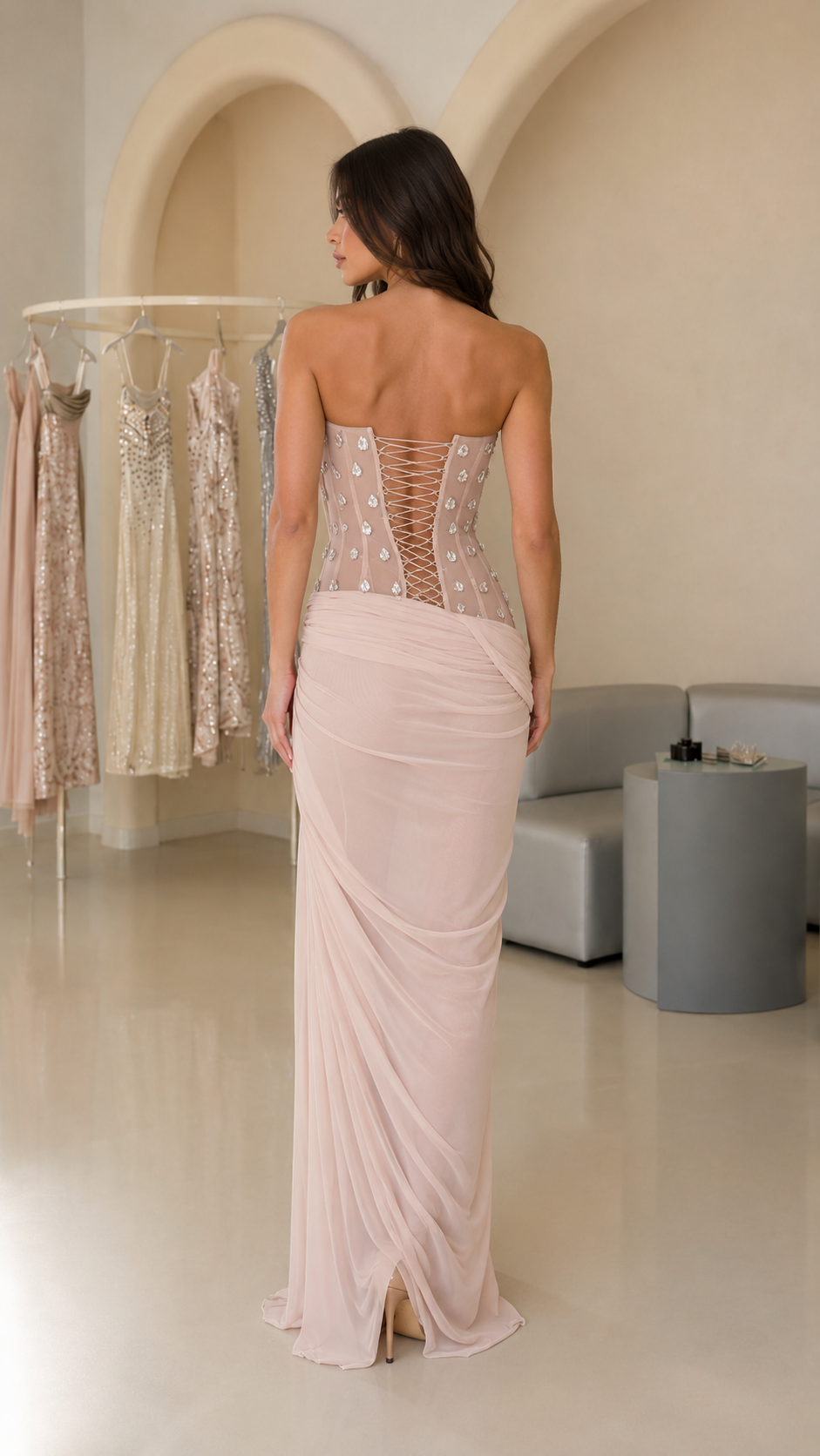 Champagne Draped Strapless Corset Maxi Dress back view with lace-up details