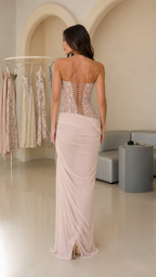 Champagne Draped Strapless Corset Maxi Dress back view with lace-up details