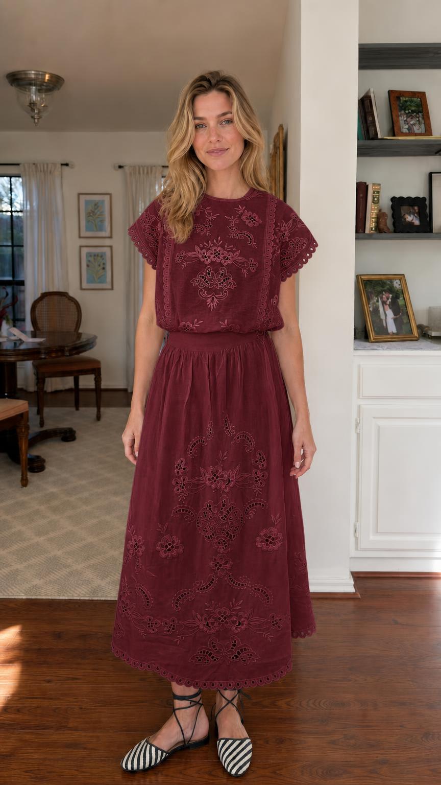 Woman wearing burgundy embroidered short sleeve midi dress