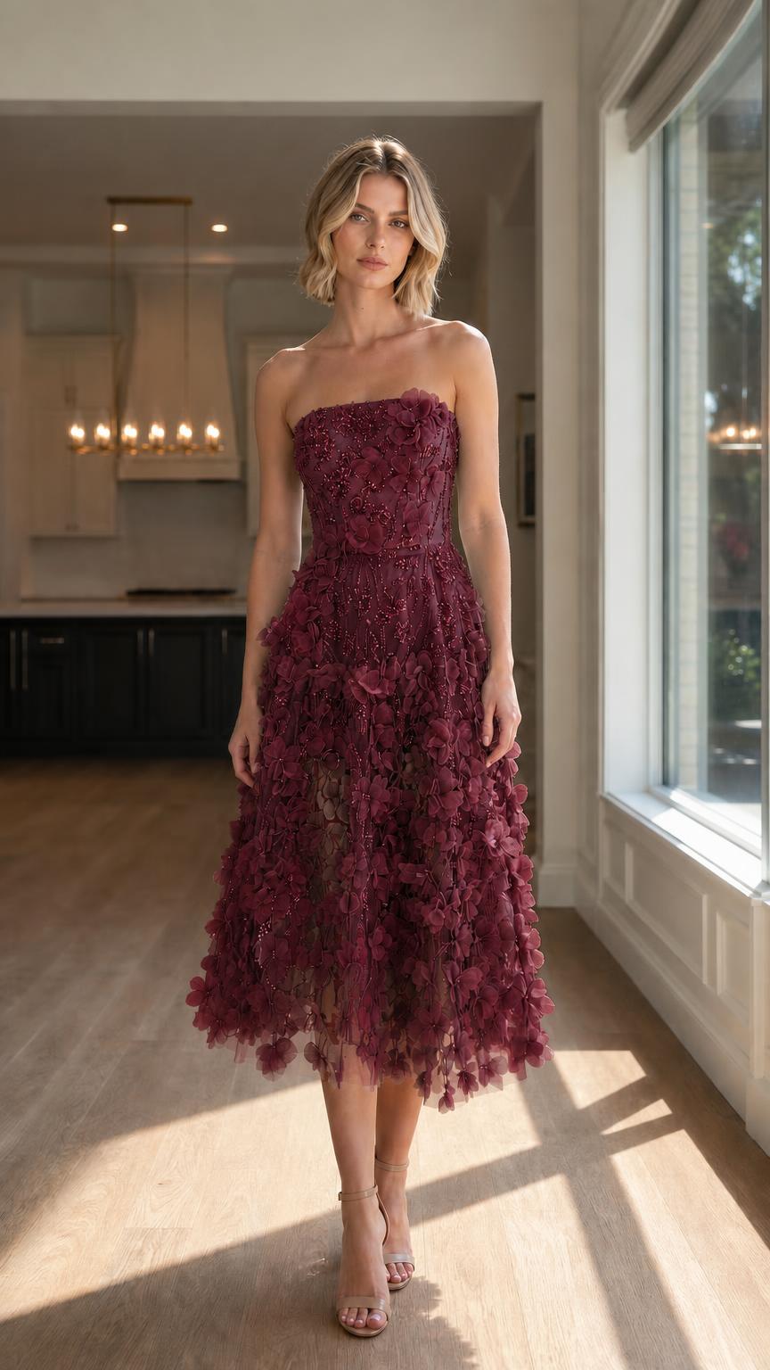 Front view of burgundy strapless 3D floral midi dress