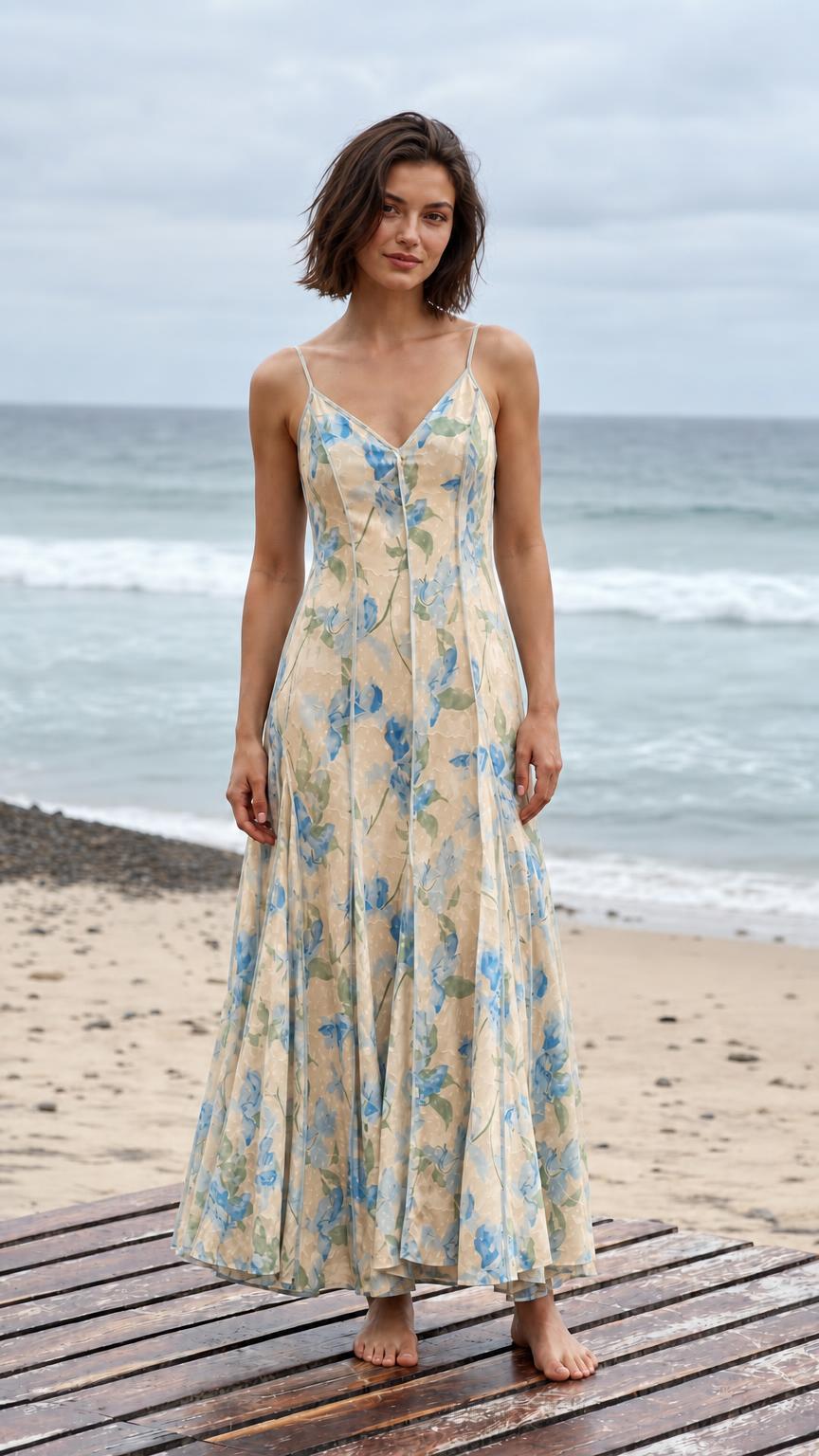 Front view of the cream floral maxi slip dress with watercolor-style print