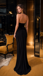 Back view of black open-back halter floor-length gown