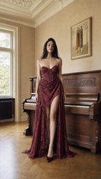 Woman wearing burgundy strapless lace evening gown, front view