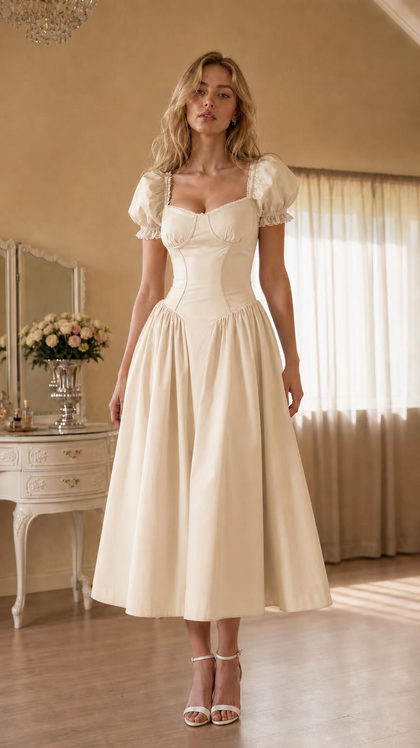 Front view of woman wearing cream vintage corset midi dress