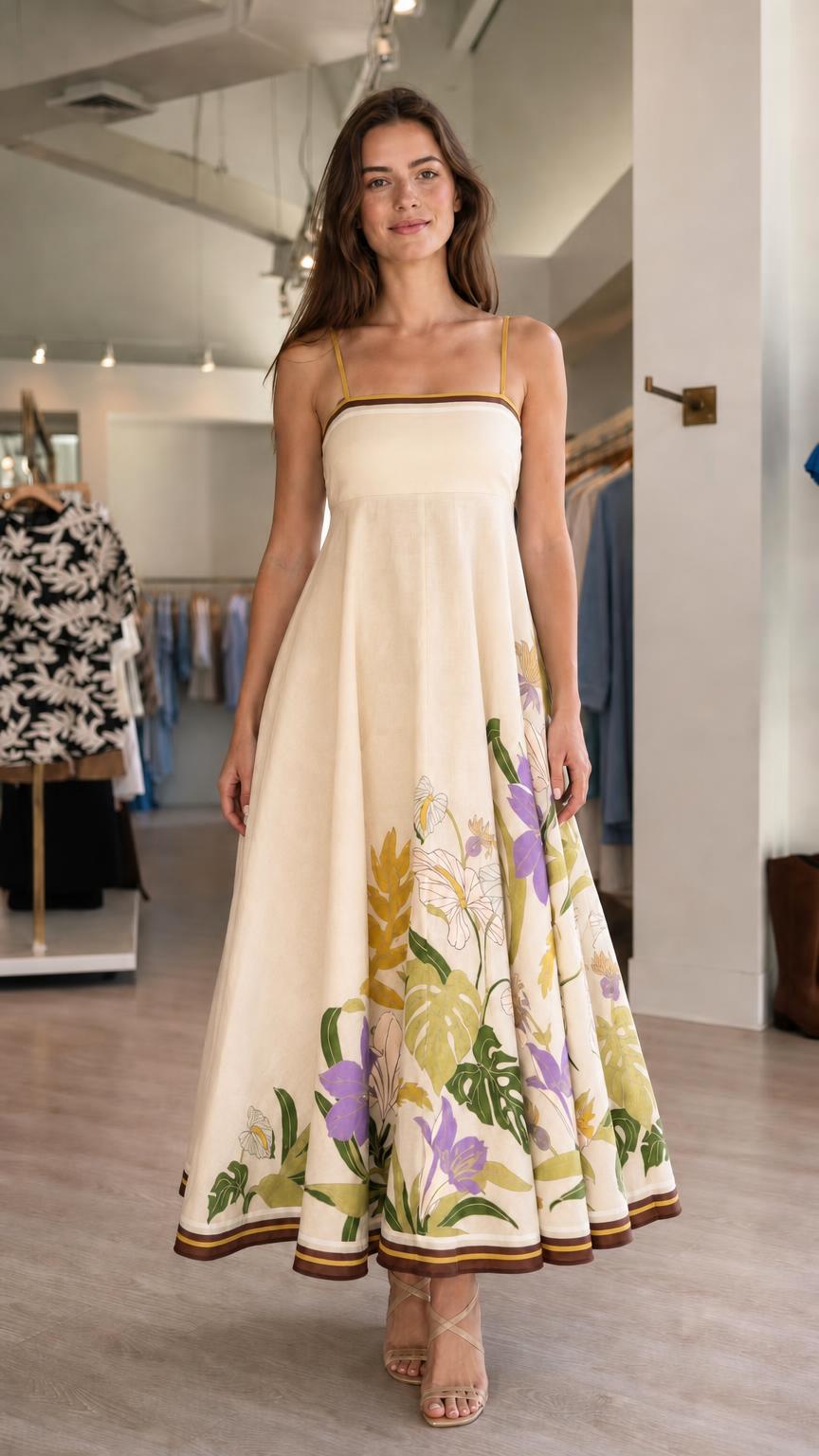 Front view of off-white floral maxi dress