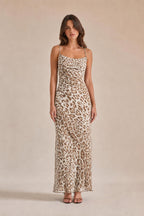 Additional styled shot of brown leopard print maxi slip dress