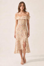 Women's Off-Shoulder Floral Ruffle Midi Dress with Spaghetti Straps