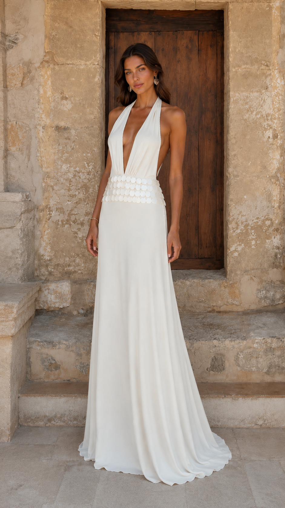 Elegance Halter Plunge Maxi Dress in White front view