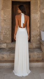 Elegance Halter Plunge Maxi Dress in White back view