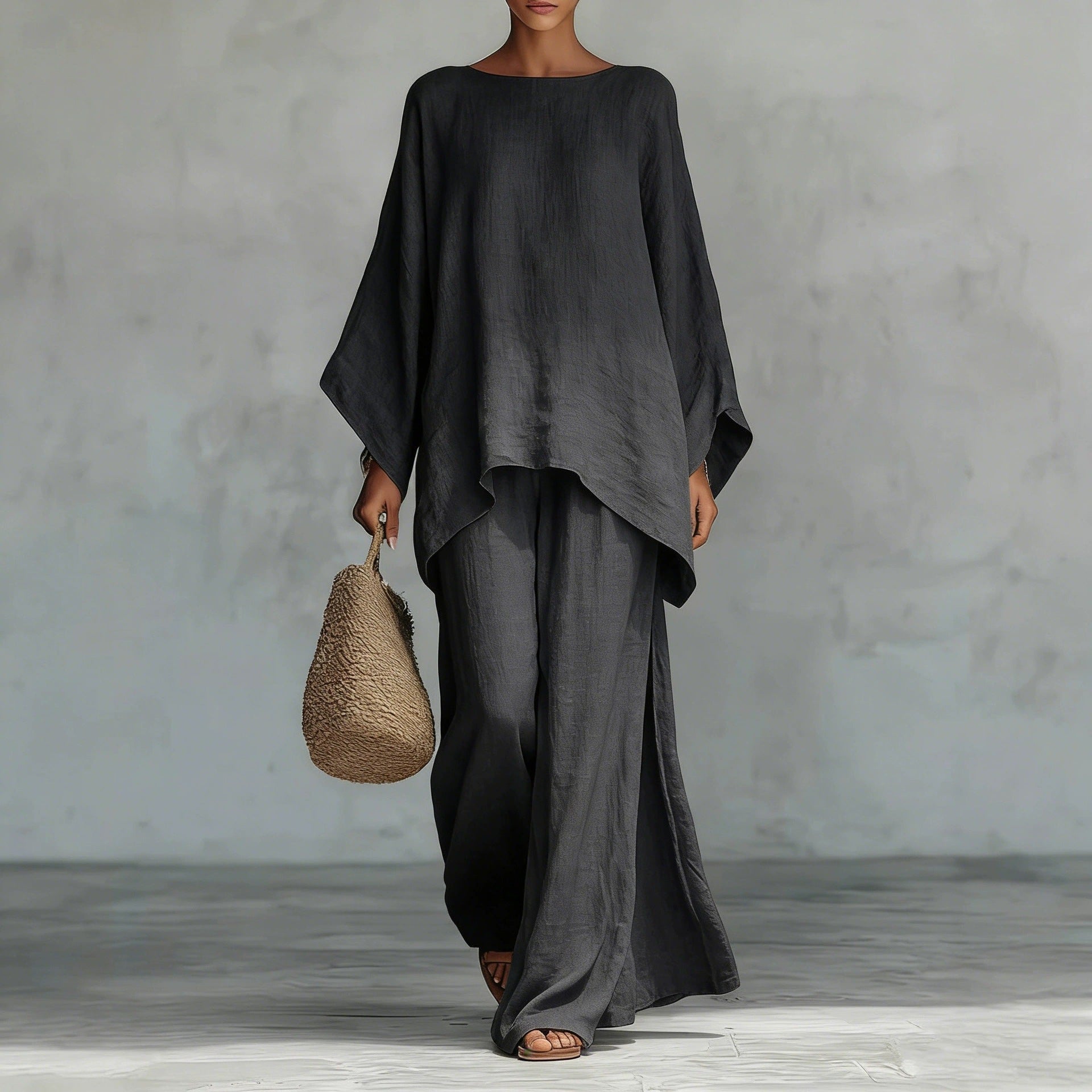 Relaxed Linen-Look Poncho Top & Wide-Leg Pants Set