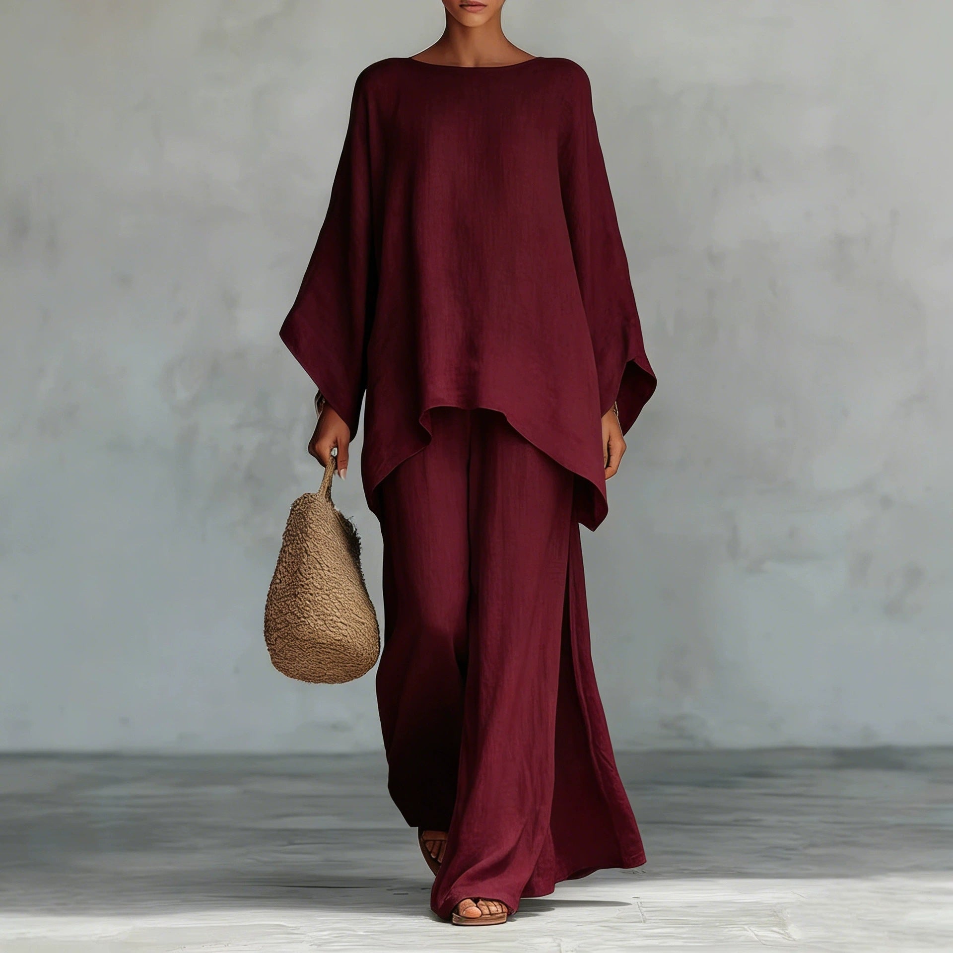 Relaxed Linen-Look Poncho Top & Wide-Leg Pants Set