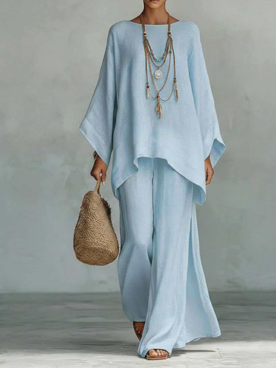 Relaxed Linen-Look Poncho Top & Wide-Leg Pants Set