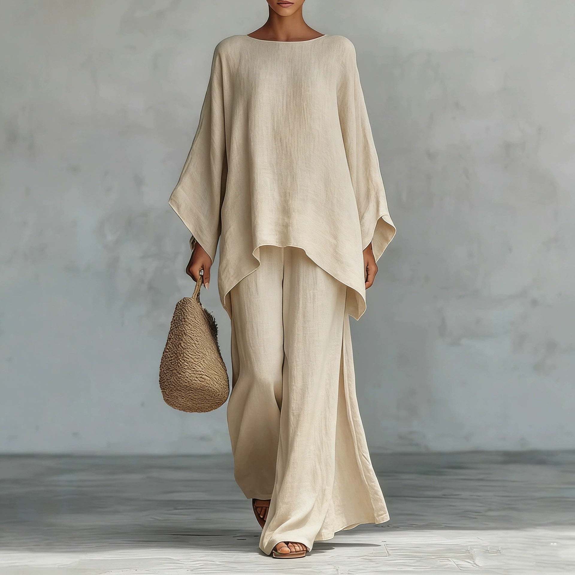 Relaxed Linen-Look Poncho Top & Wide-Leg Pants Set