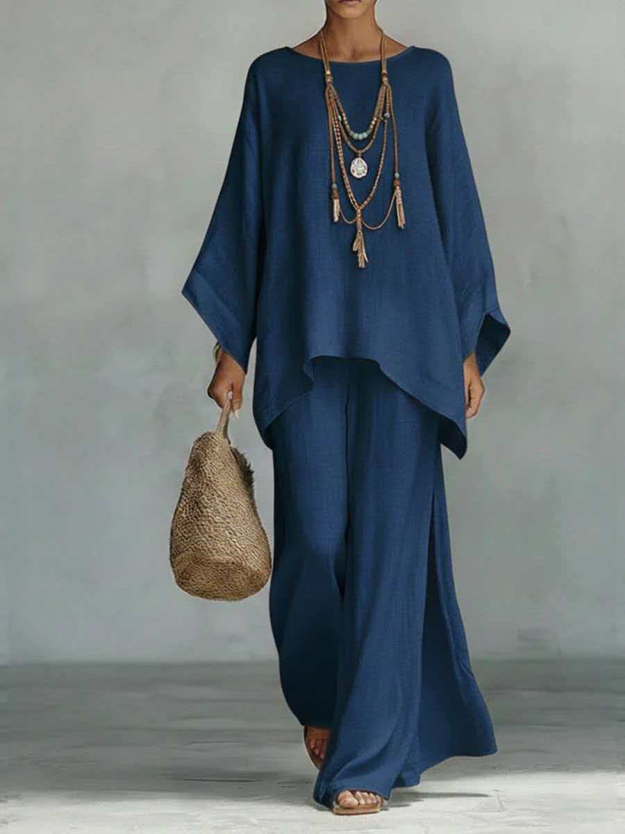 Relaxed Linen-Look Poncho Top & Wide-Leg Pants Set