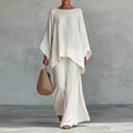 Relaxed Linen-Look Poncho Top & Wide-Leg Pants Set