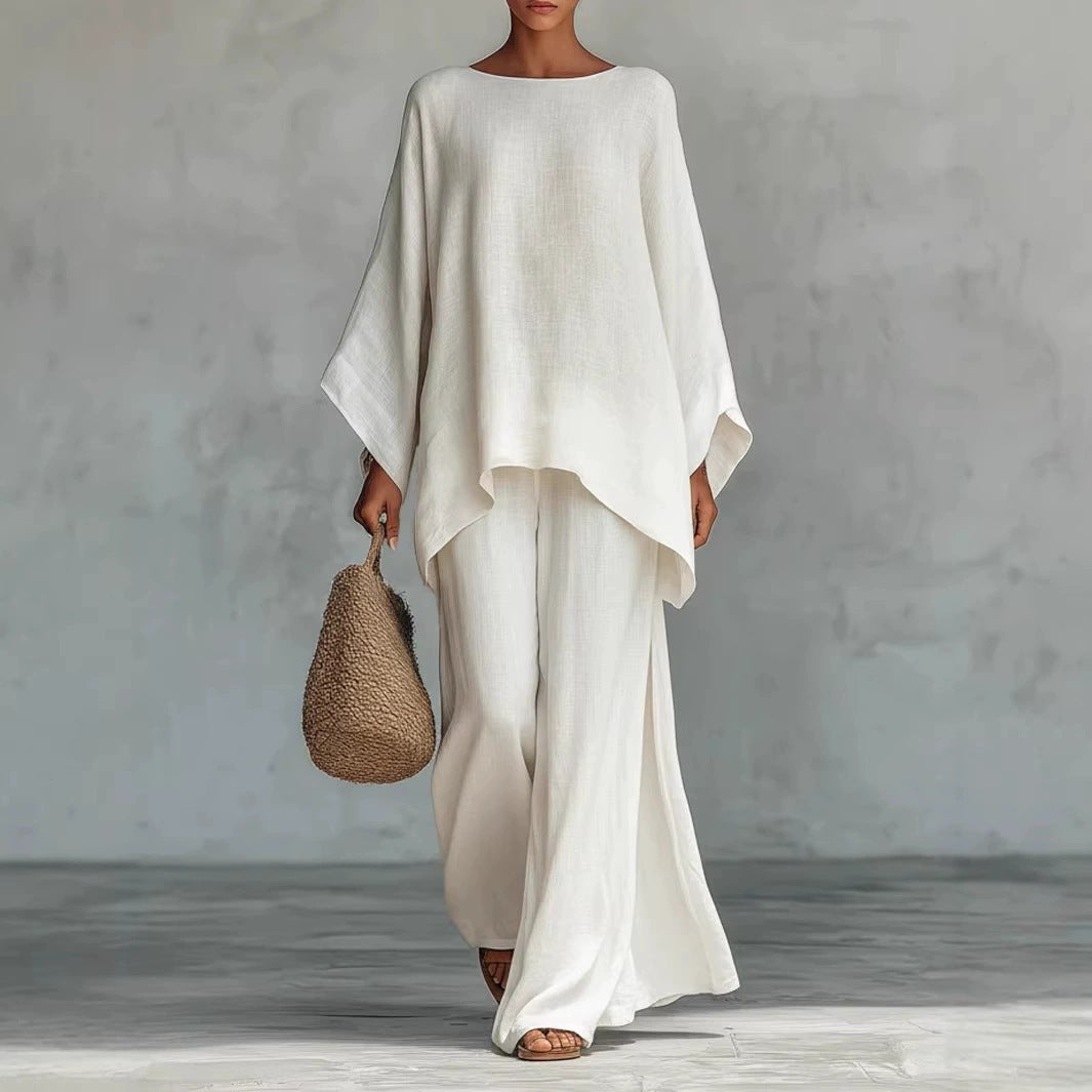 Relaxed Linen-Look Poncho Top & Wide-Leg Pants Set
